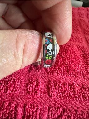 Skull & Rose Inlay Stainless Steel Ring - Multicolor size 8